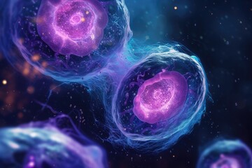 a group of cells that are in the air, Cell division process in surreal style