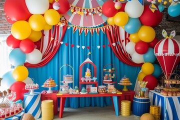 Wall Mural - a birthday party with a rainbow arch and balloons, Colorful decor for a childrens birthday party with a circus theme