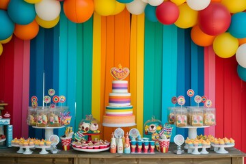 Poster - a birthday party with a rainbow arch and balloons, Colorful decor for a childrens birthday party with a circus theme