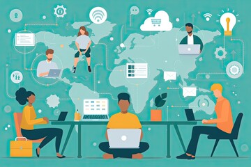 Poster - people sitting at a table with laptops and a world map, Composite of people working remotely on various devices like laptops, tablets, and phones highlighting productivity and convenience