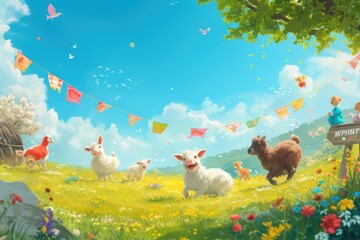 Poster - a colorful wall with a bunch of paper animals on it, Countryside spring fiesta with colourful banners and joyful dancing animals