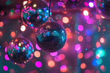 Poster - a blurry photo of a colorful background, confetti-filled celebration with glittering disco lights