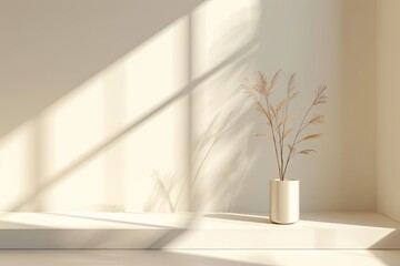 Poster - Minimalist Beige Wall With Soft Window Light and Plant in Pot