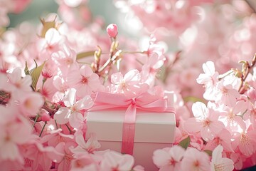 Wall Mural - a present box with a bow on a colorful background, gift box surrounded by cherry blossoms in a spring garden