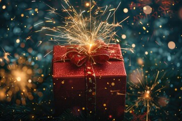 Aufkleber - a present box with a bow on a colorful background, gift box surrounded by fireworks against a night sky
