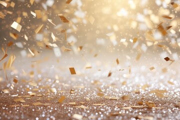 Aufkleber - a pink gift box with a pink bow on top of it, elegant gold and white confetti shower on a glittering surface