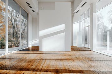 Poster - Empty modern interior, bright windows. White walls, wooden floors. Contemporary apartment design. Comfortable living, sunlit spaces. Loft style, clean architecture. Parquet