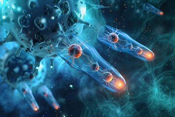 Aufkleber - a purple and blue abstract painting, Futuristic depiction of nanobots repairing cells