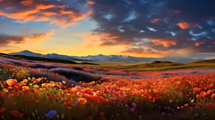 Wall Mural - Beautiful panoramic landscape with poppies and mountains at sunset