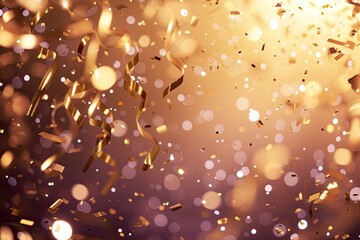 Poster - a desk with a computer, plant and a lamp, Illustrate a background with falling gold confetti and sparkling fairy lights