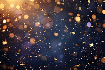 Poster - a desk with a computer, plant and a lamp, Illustrate a background with falling gold confetti and sparkling fairy lights