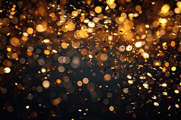 Poster - a desk with a computer, plant and a lamp, Illustrate a background with falling gold confetti and sparkling fairy lights