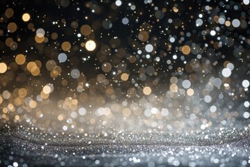 Poster - a black and gold background with a lot of lights, Illustrate a dazzling silver glitter explosion with twinkling fairy lights