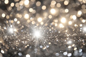 Poster - a black and gold background with a lot of lights, Illustrate a dazzling silver glitter explosion with twinkling fairy lights
