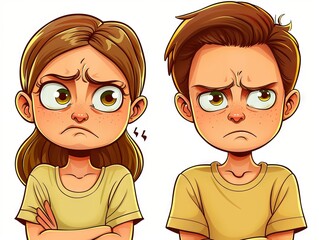 Angry cartoon kids with crossed arms, animated children upset frustration concept