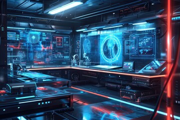 Poster - a room with a large screen and a keyboard, Illustrate a futuristic laboratory with high-tech equipment and holographic displays
