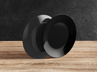 3D Illustration. Black plates isolated on wooden background.