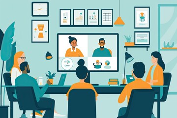 Aufkleber - a group of people sitting at a table with a computer screen, Illustration of employees gathering in a virtual meeting room on a video conference call