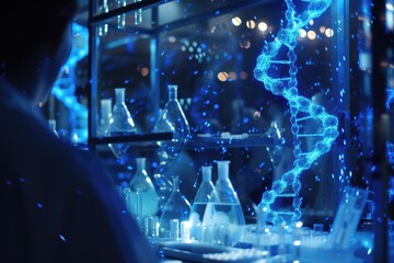 Fototapete - DNA chain background with glowing lights, Intricate showcasing of a DNA testing process background, Glowing DNA background