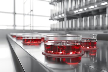 Poster - a row of red liquid in a laboratory, Showcase the elegance of a 3D-rendered biological assay