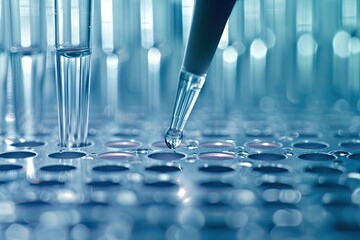 Poster - a close up of a machine with a pink light, Showcase the precision of pipetting in a biological context