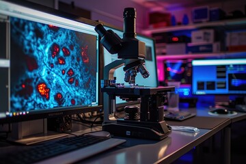 Aufkleber - a microscope and a computer monitor on a desk, Showcase the technology behind a super-resolution fluorescence microscope