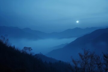 Aufkleber - a blue sky with a moon in the distance, Show the shades of nightfall with a grainy gradient moving from twilight blue to pitch black