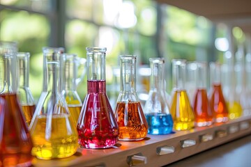 a row of colorful glass beakles on a table, Study the principles of chemical education