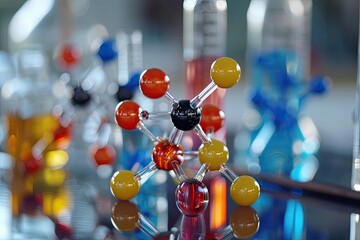 Poster - a group of glass flasks filled with colored liquids, Study the principles of organometallic chemistry