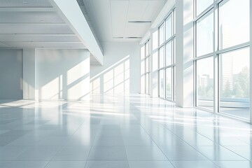 Aufkleber - Modern architecture, empty space. Interior design, white walls. Business building, bright windows. Office floor, contemporary style. Indoor construction, clean perspective. Urban