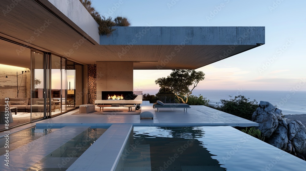 Modern luxury villa overlooking the ocean at sunset. Sleek ...