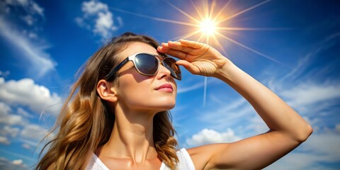 A woman blocking the sun with her hand and creating shadows. A woman wears sunglasses to protect herself from the harsh sun.