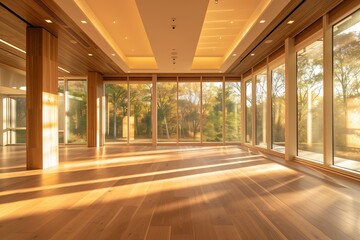 Poster - Modern interior room, empty apartment. White walls, parquet flooring. Spacious living, bright windows. Contemporary design, elegant style. Wooden floors, clean space. Domestic