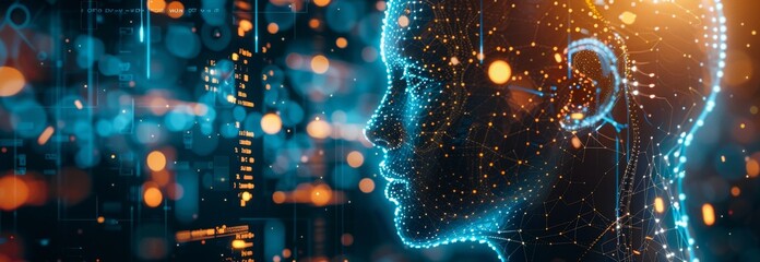 Poster - Artificial intelligence and data visualization with a futuristic digital human face