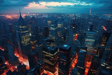 Fototapete - a city skyline with a lot of lights on it, a gift box featuring a cityscape backdrop at dusk