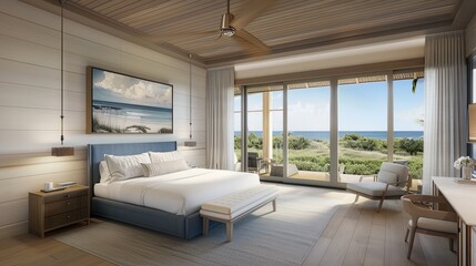 Sticker - A modern bedroom with a view of the ocean, featuring white walls, a large bed, and a sitting area with a chair and desk