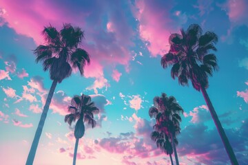 Wall Mural - beautiful blue and purple sky with palm trees, retro aesthetic generative ai