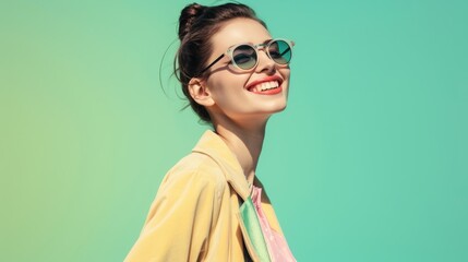 Women with dark glasses smiling, modeling with pastel colored fashion clothes