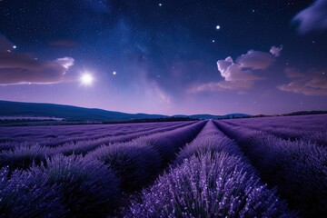 Poster - a field of lavender under a full moon, moonlit lavender field with a starry night sky