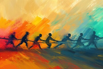 Aufkleber - a painting of a group of people pulling a rope, abstract portrayal of a team building activity involving a game of tug-of-war