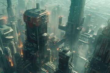 Poster - a city with a lot of tall buildings, aerial view of a bustling, futuristic city with high-tech skyscrapers