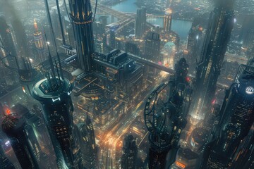 Poster - a city with a lot of tall buildings, aerial view of a bustling, futuristic city with high-tech skyscrapers