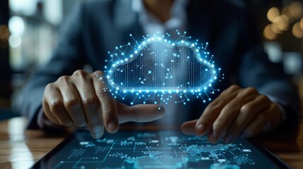 Businessman hand touching cloud button on display screen, Cloud data technology concept