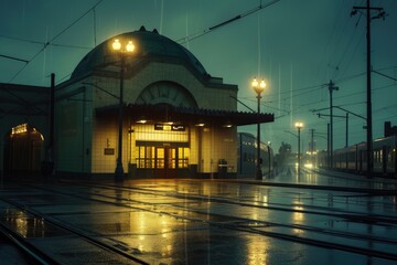Poster - a train station with a clock on the side of it, Art Deco style train station on a rainy day