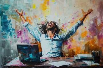 Poster - a painting of a man sitting at a desk with his arms up, art piece depicting the joy of a person who 