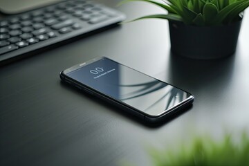 Aufkleber - a cell phone sitting on top of a wooden desk, new release smartphone resting on a desk with its distinctive features highlighted