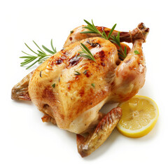 Wall Mural - A whole roasted chicken with crispy skin, golden brown and stuffed with lemon and herbs, isolated on white background