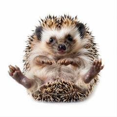 An adorable baby hedgehog with soft spikes, lying on its back, isolated on white background