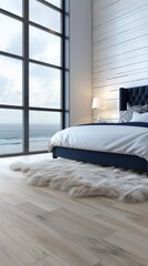 Sticker - A modern bedroom with a plush blue headboard and white bedding, overlooking a stunning ocean view from large windows