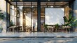 © Mamstock - Modern cafe exterior with large windows, light interior decor, and blank round billboard sign, sunny day. Cafe mockup